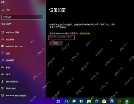 Windows 10 设置更新和安全设备加密页面