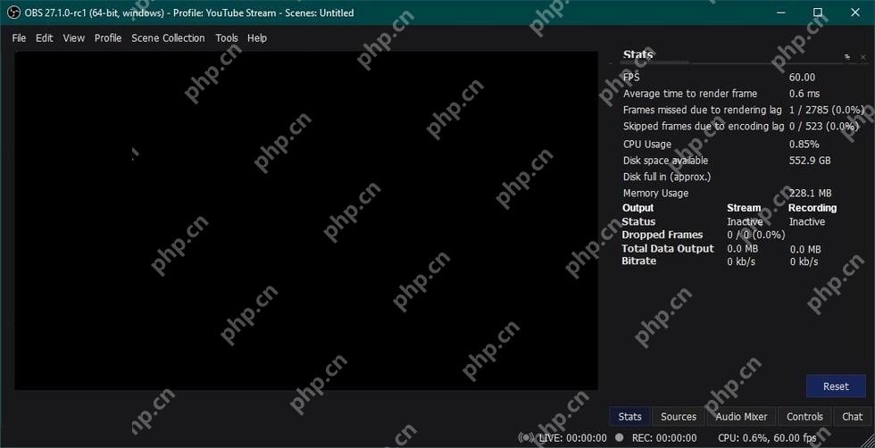 OBS Studio Stats 面板显示 FPS 渲染延迟编码延迟和 Dropped Frames 统计