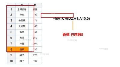 Excel 表格中水果名称列表和 MATCH 公式示例,服务于整理查找区域步骤