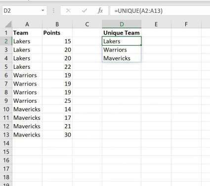 Excel 公式栏输入 UNIQUE(A2:A13) 后生成不重复 Team 列表