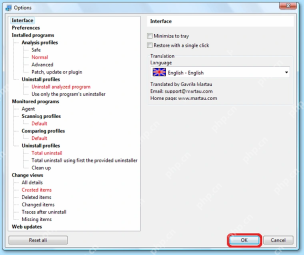 Total Uninstall Windows Options 窗口中的 Language 区域和 OK 按钮。