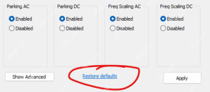 ParkControl 窗口底部 Restore defaults 按钮被圈出，旁边有 Apply 按钮