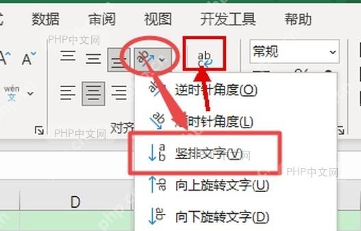 Excel 开始选项卡的对齐方式区域,红框标出文字方向按钮和竖排文字菜单入口