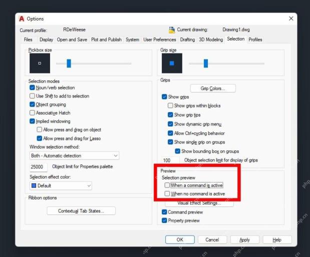 Windows AutoCAD Options 的 Selection 选项卡截图,证明界面点不动时可以先关闭 Selection preview 相关勾选测试恢复点击。