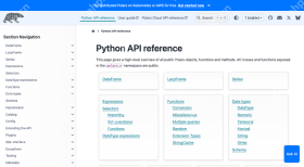 Polars 官方 Python API reference 页面展示 DataFrame、LazyFrame 与 Series 入口