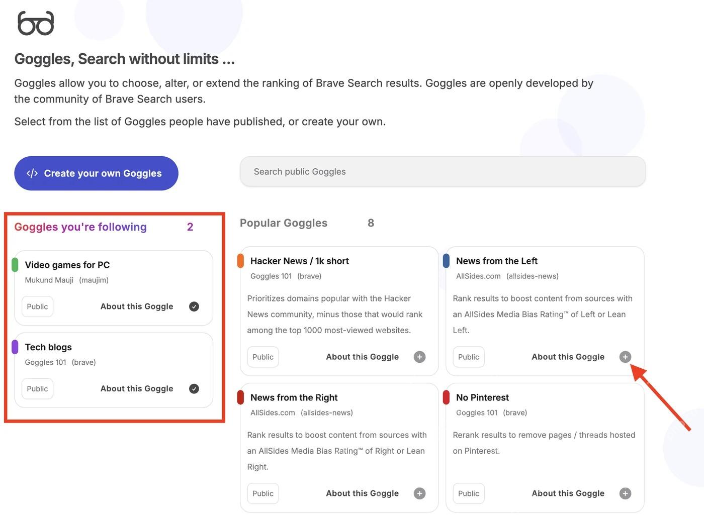 Brave Search 关注 Goggle 的操作位置