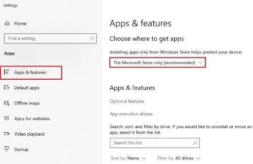 Win10 Apps and features 中 Choose where to get apps 下拉框当前为 Microsoft Store only