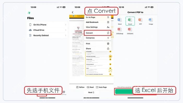 手机端PDF转Excel应用操作界面,选择文件并转换为Excel