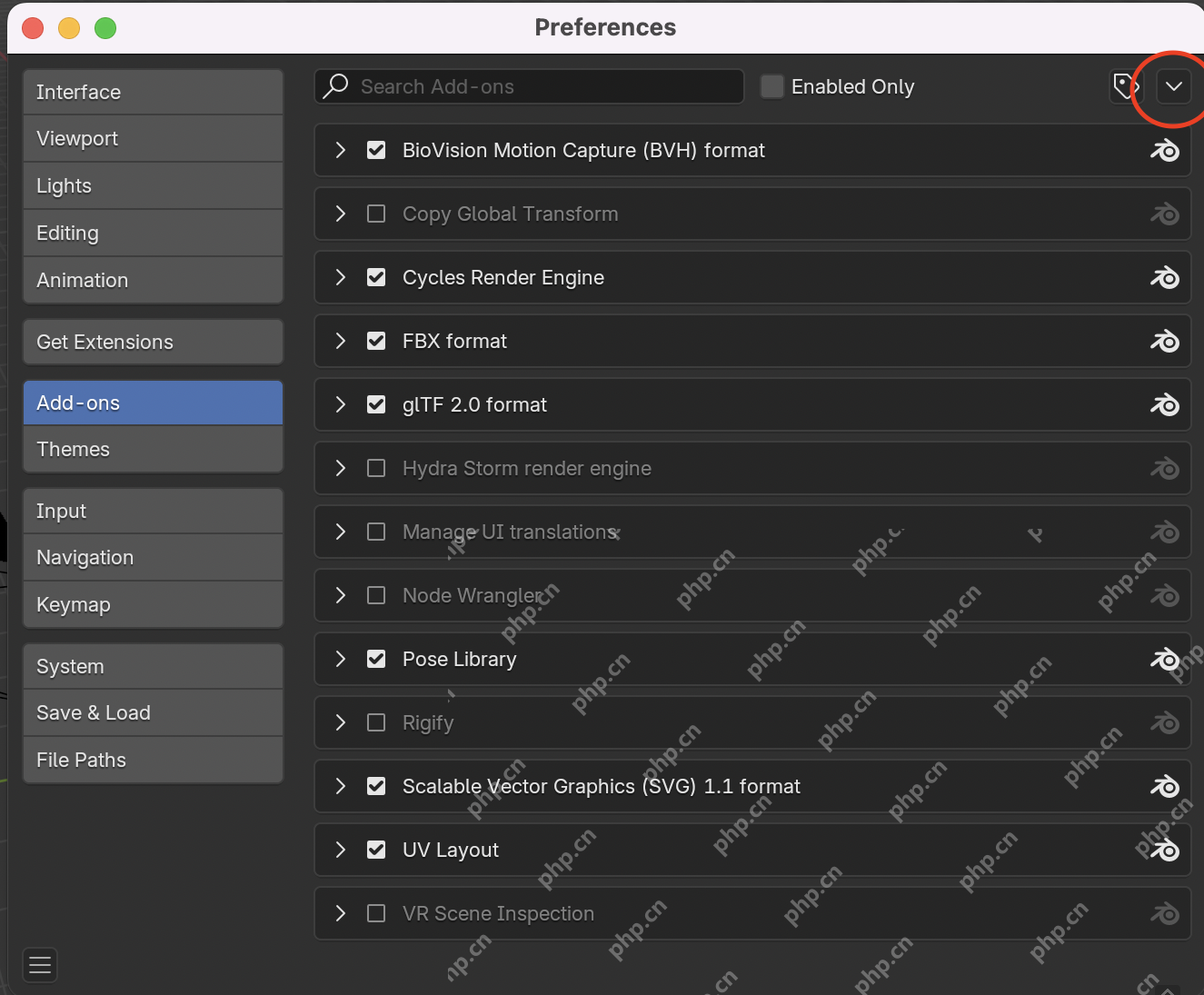Blender Preferences 窗口打开 Add-ons 页面并显示插件复选框列表