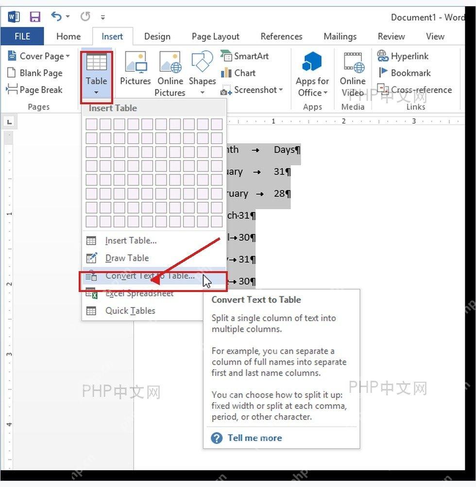 Word 表格下拉菜单中选择文字转换成表格命令