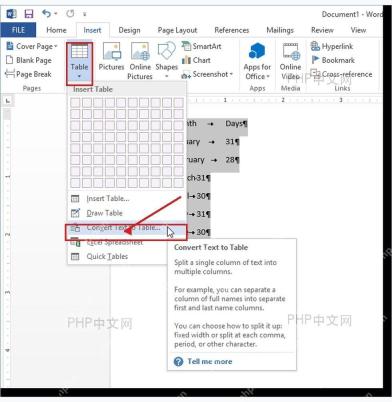 Word 表格下拉菜单中选择文字转换成表格命令