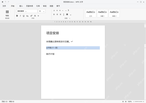 模拟 WPS 文字完整界面：遇到分节符先核对后文版式