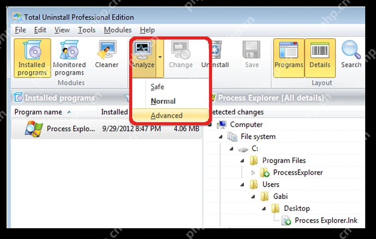 Total Uninstall Windows Analyze 下拉菜单选择 Advanced 分析级别。