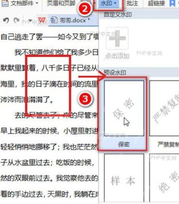 WPS 水印菜单中的预设水印样式列表