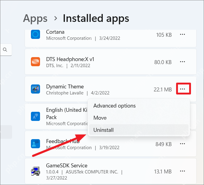 Windows 11 Installed apps 页面三点菜单中显示 Uninstall 选项