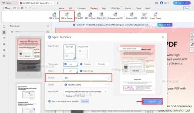 WPS Export to Picture 窗口右下角 Export 按钮被标出，用于开始导出 PDF 图片
