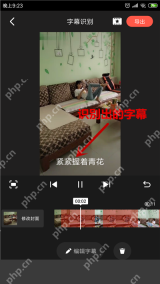 快影时间轴选中识别出的字幕并显示编辑字幕按钮