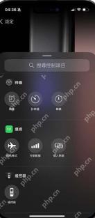 iPhone 操作按钮的选择控制项目列表,显示闹钟、计时器、秒表、飞行模式、蜂窝数据、个人热点和遥控器