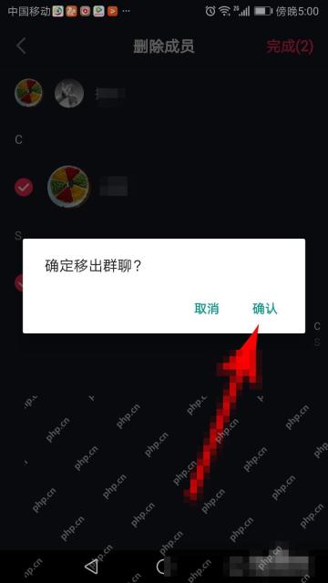 抖音怎么移除粉丝群成员：在确认弹窗中执行移出群聊操作。