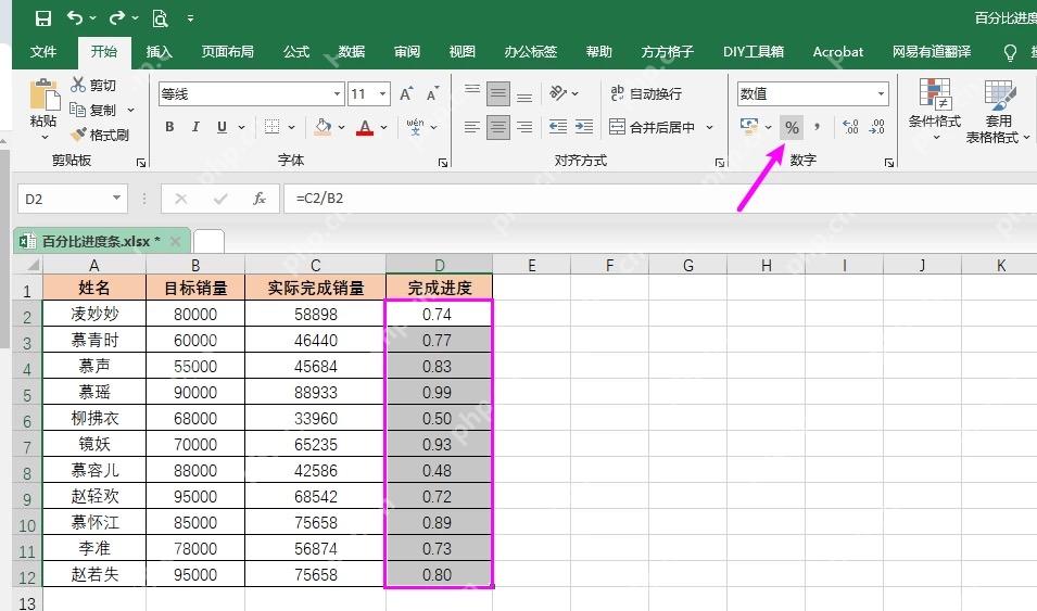 Excel中用完成量除以目标量计算百分比进度