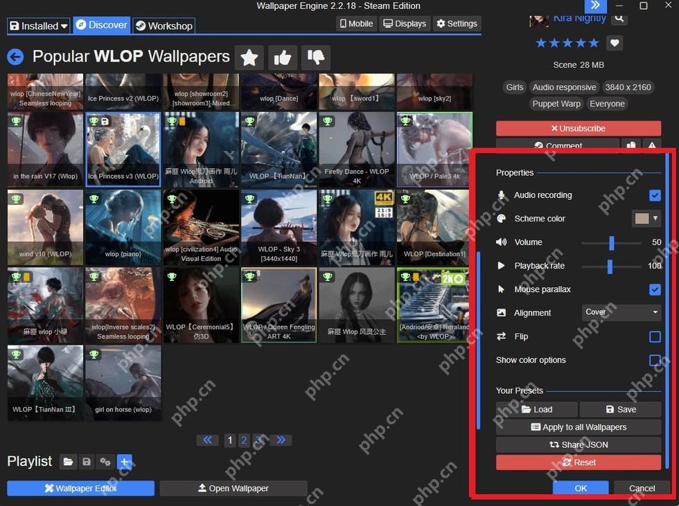 Wallpaper Engine 已选中壁纸并显示右侧 Properties 属性面板
