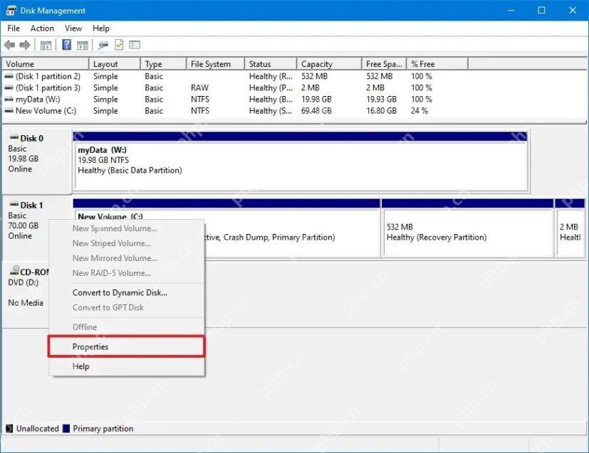 Win10 磁盘管理中右键磁盘选择 Properties