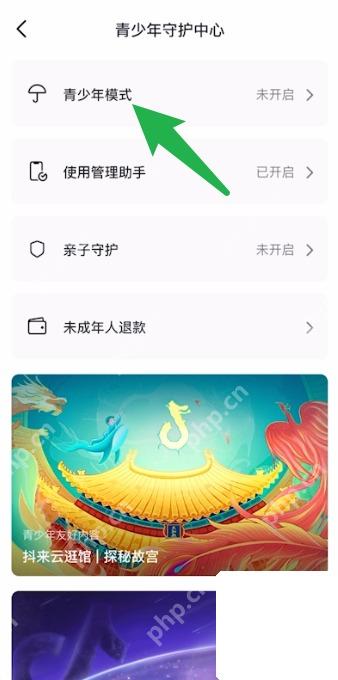 抖音青少年守护中心里的青少年模式入口