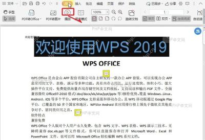 WPS PDF 顶部工具栏中的阅读模式入口