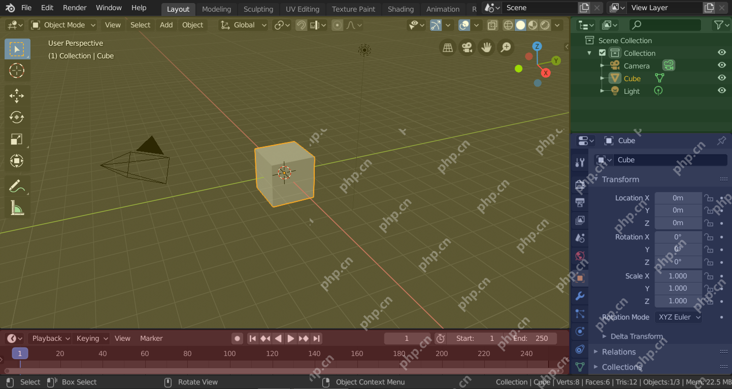 Blender Layout 工作区中默认立方体处于选中状态