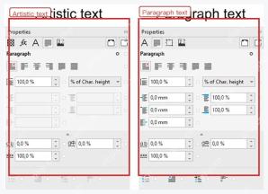 CorelDRAW 文本属性中 Artistic text 与 Paragraph text 对比