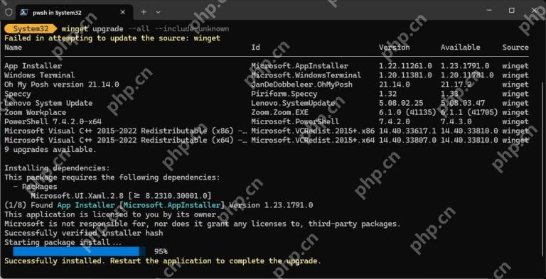 Win11 PowerShell 运行 winget upgrade --all --include-unknown 并安装依赖