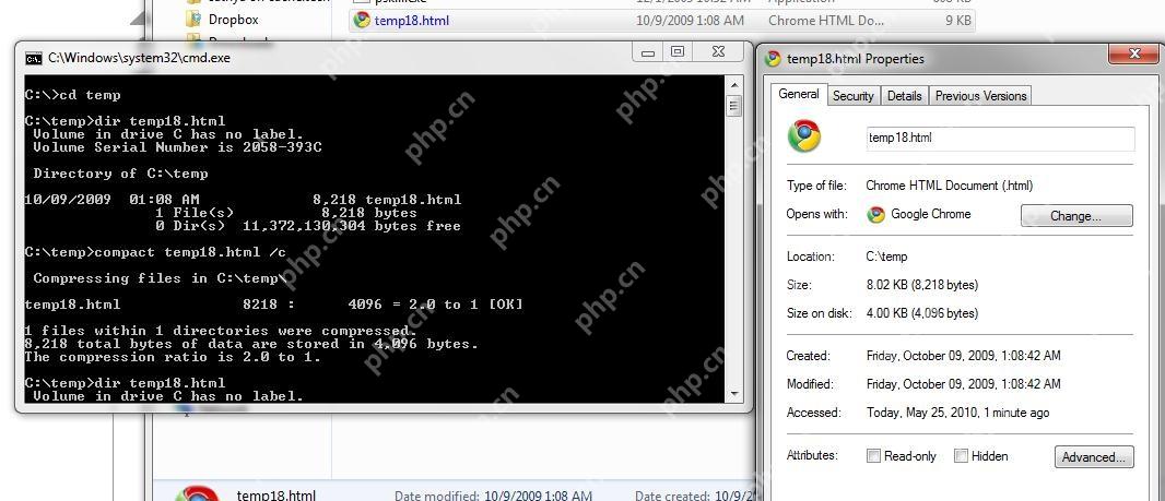 Windows 命令提示符使用 compact c 压缩测试文件并显示压缩比
