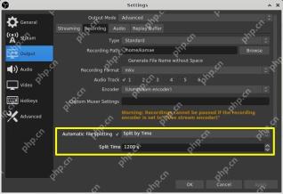 OBS Studio Recording 设置中 Automatic File Splitting 选择 Split by Time 并填写 Split Time