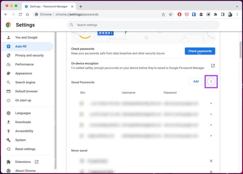 Chrome 密码管理器已保存密码列表