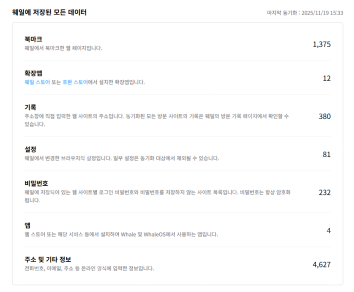 Naver Whale My Activity同步项目与数量列表