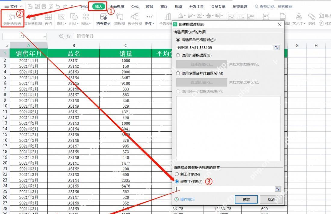 Excel插入数据透视表并确认数据源范围