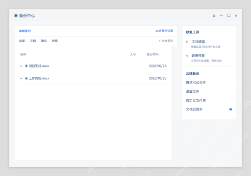 模拟 WPS 备份中心完整窗口：在本地备份中按文档类型筛选