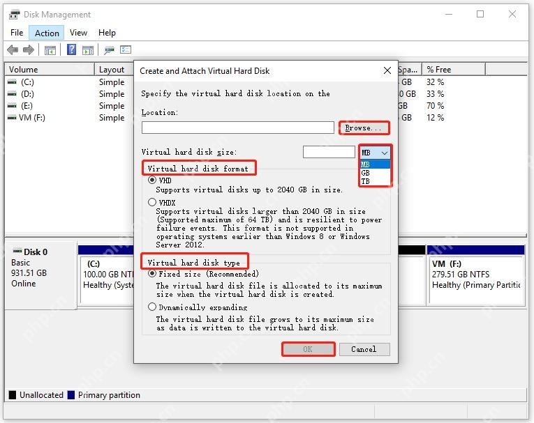 Win10 创建和附加虚拟硬盘窗口选择 VHD 格式和容量