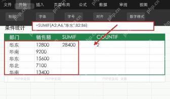 Excel SUMIF 公式按部门汇总销售额并标出条件区域