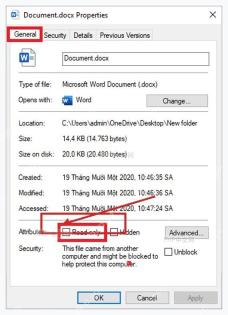 Windows 文件属性窗口中的只读复选框，用于取消 Word 文档文件属性限制