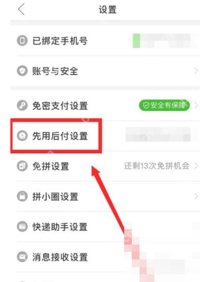拼多多设置页面里的先用后付设置入口