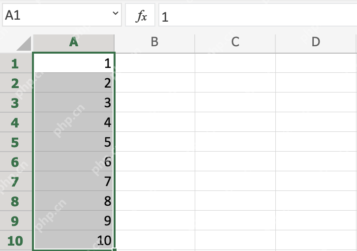 Excel A 列通过填充柄生成 1 到 10 的连续数字序列