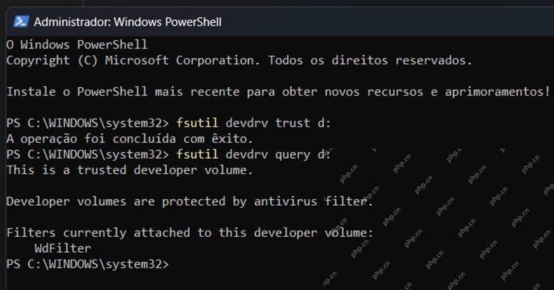 Windows 管理员命令提示符运行 fsutil devdrv trust 为 Dev Drive 设置受信任状态