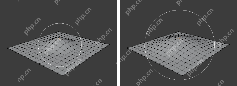 Blender 5.2 Proportional Editing 示例显示选中元素周围的影响范围
