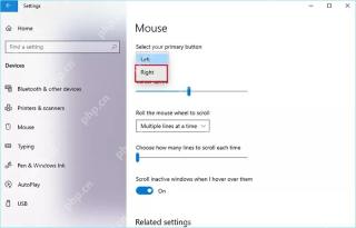 Win10 鼠标设置中将主按钮选择为 Right