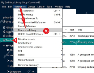 EndNote 21 左侧 Trash 中查看误删记录并在菜单中选择 Restore to Library