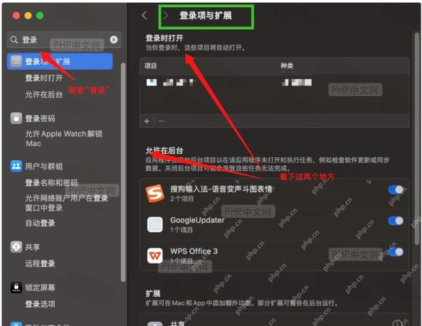 系统偏好设置界面,显示‘登录项与扩展’列表,其中包含软件名称如‘安全’、‘security’等。