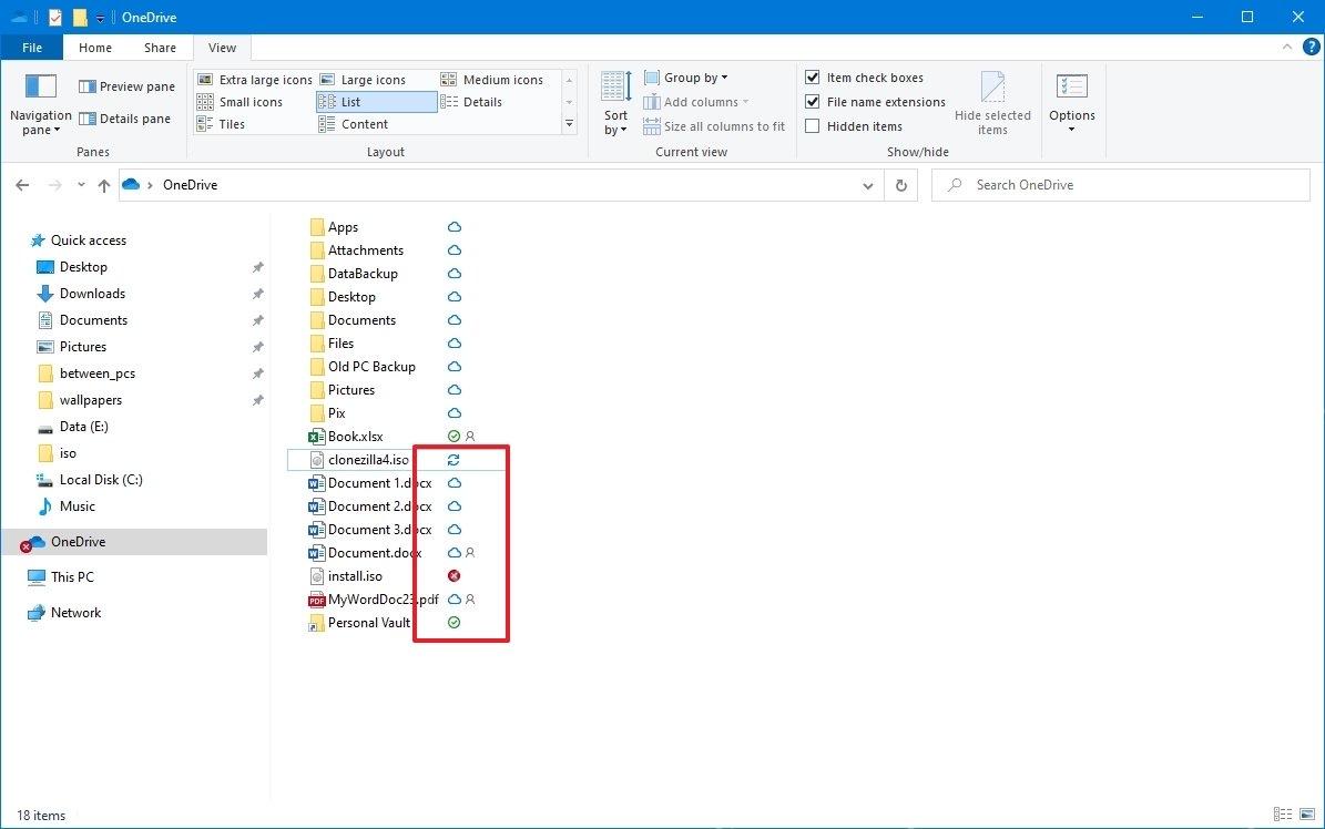 OneDrive 文件夹中不同文件的云朵、绿色对勾和同步状态图标