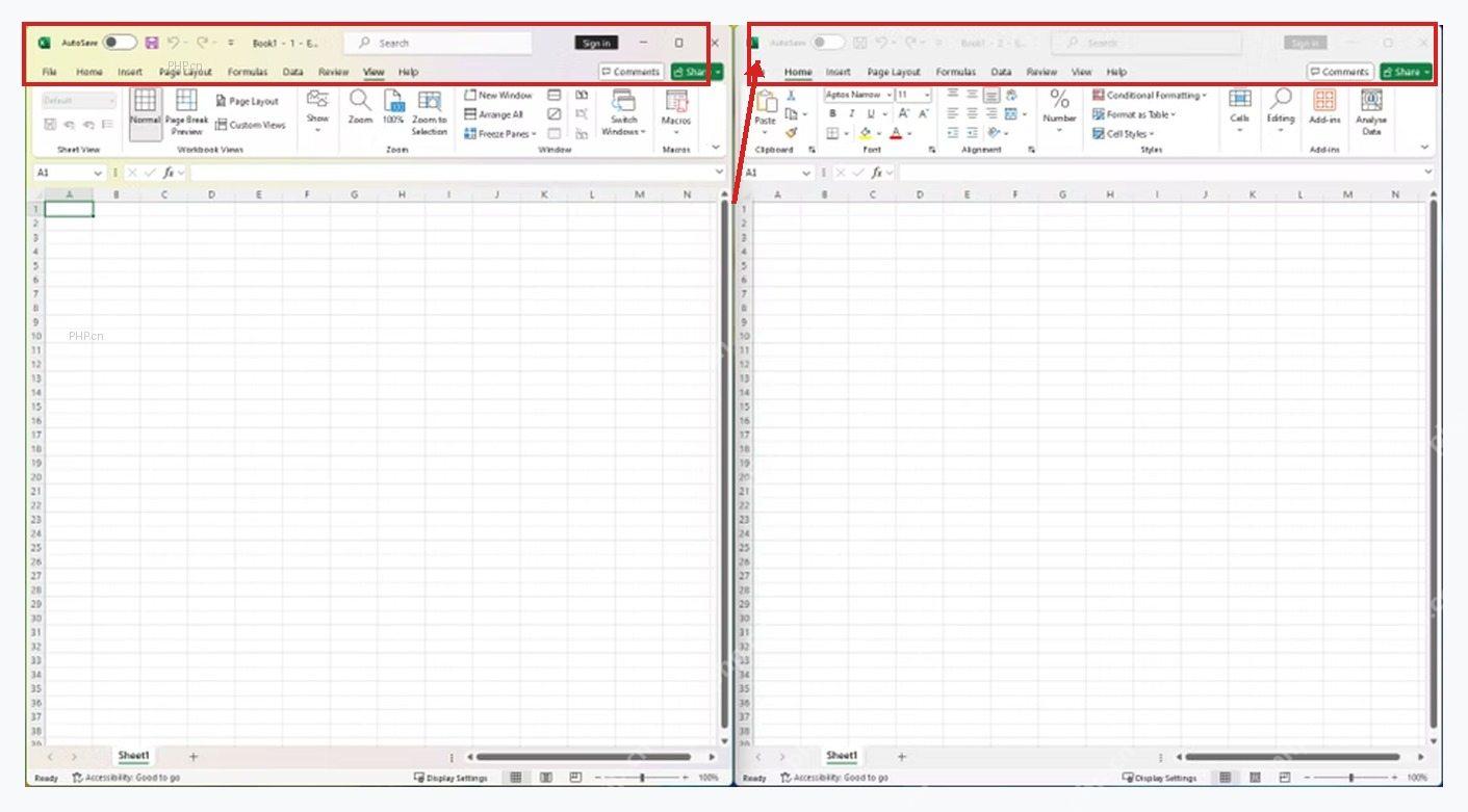 Excel 中同一工作簿出现两个编号窗口，证明新建窗口已经打开