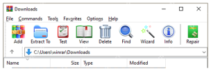 WinRAR Windows 主窗口工具栏显示 Extract To 解压到按钮，对应先进入解压路径窗口。